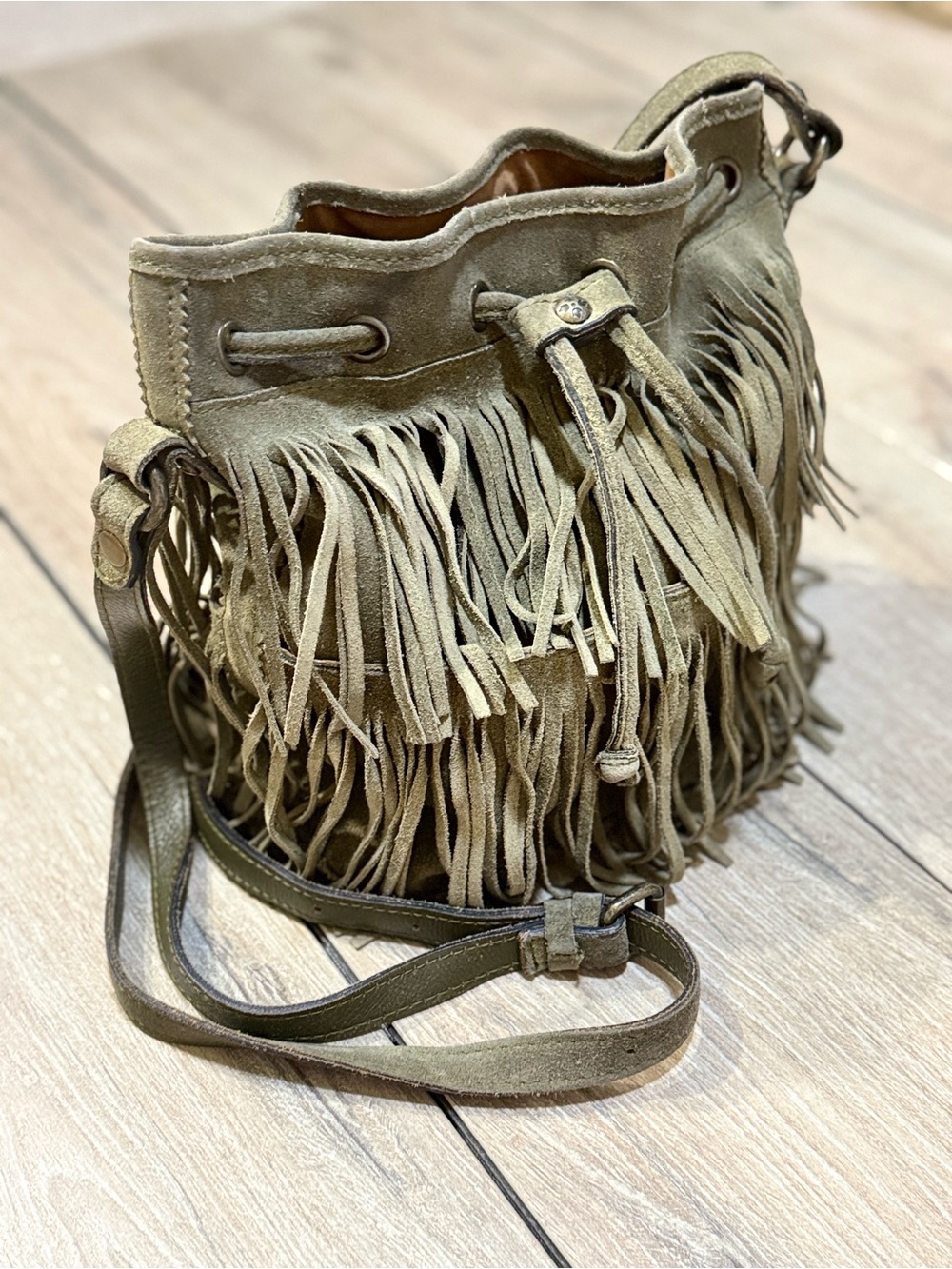Patricia Nash Crossbody Boho Suede Fringe Bucket Bag Olive Green - Picture 5 of 16